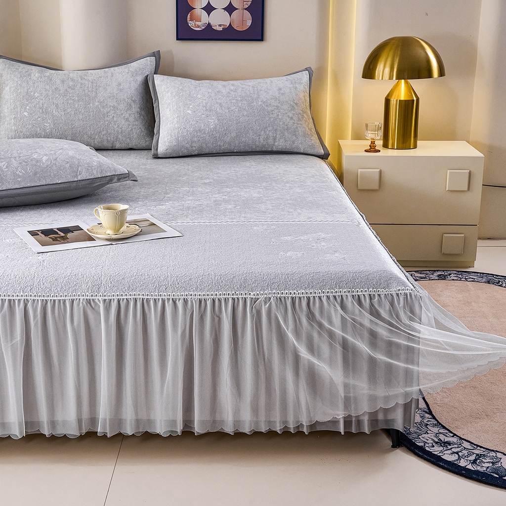 91家纺网 家纺一手货源 找家纺 青雅席业 2026新款A类凉感豆豆席凉席席子-床裙款 床裙款-花枝招展-灰