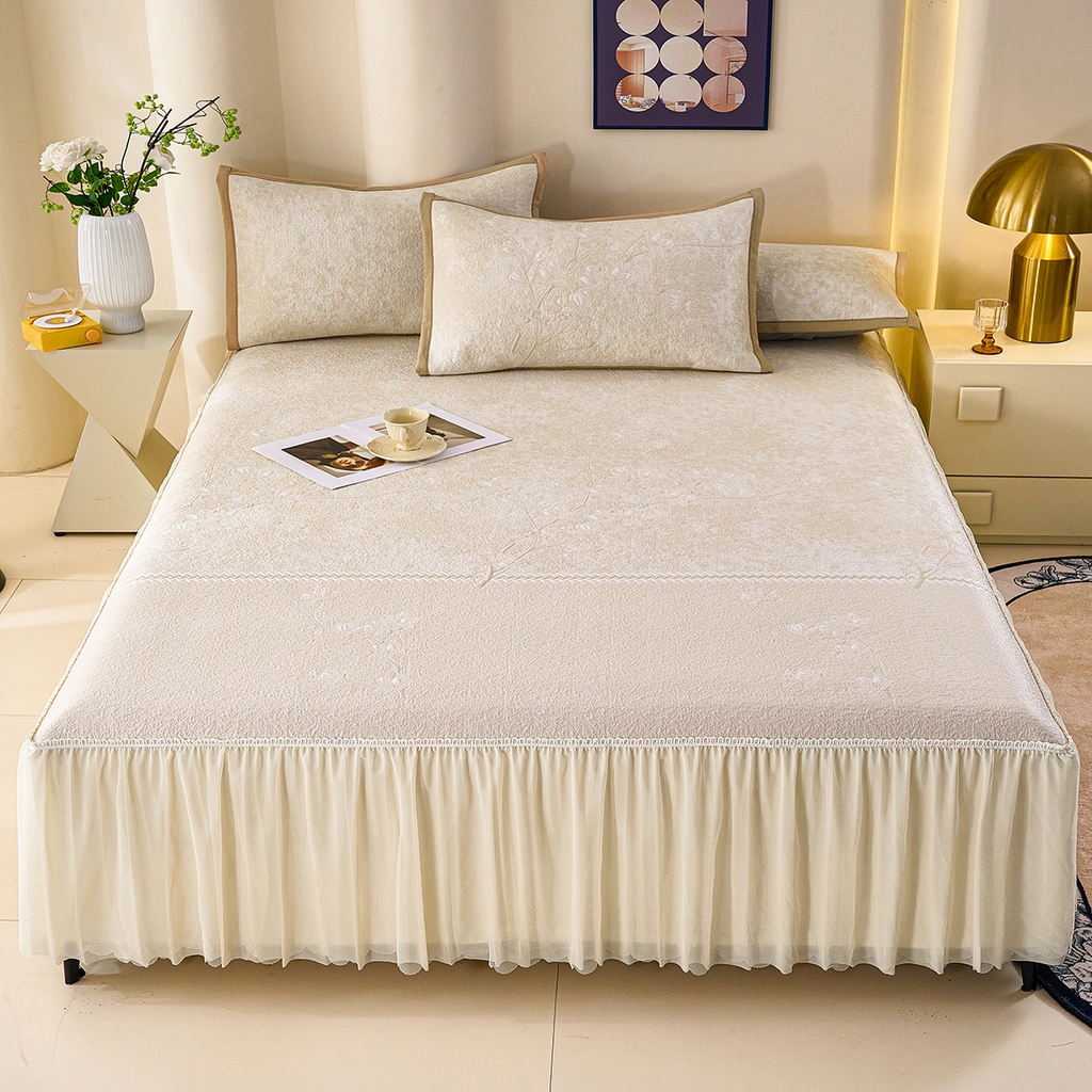 青雅席业 2026新款A类凉感豆豆席凉席席子-床裙款 床裙款-花枝招展-米