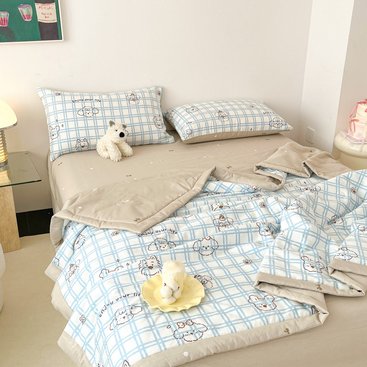 91家纺网 家纺一手货源 找家纺 一加一 2026新款全棉新疆棉花夏被夏凉被空调被四件套-棉语清夏 云朵狗