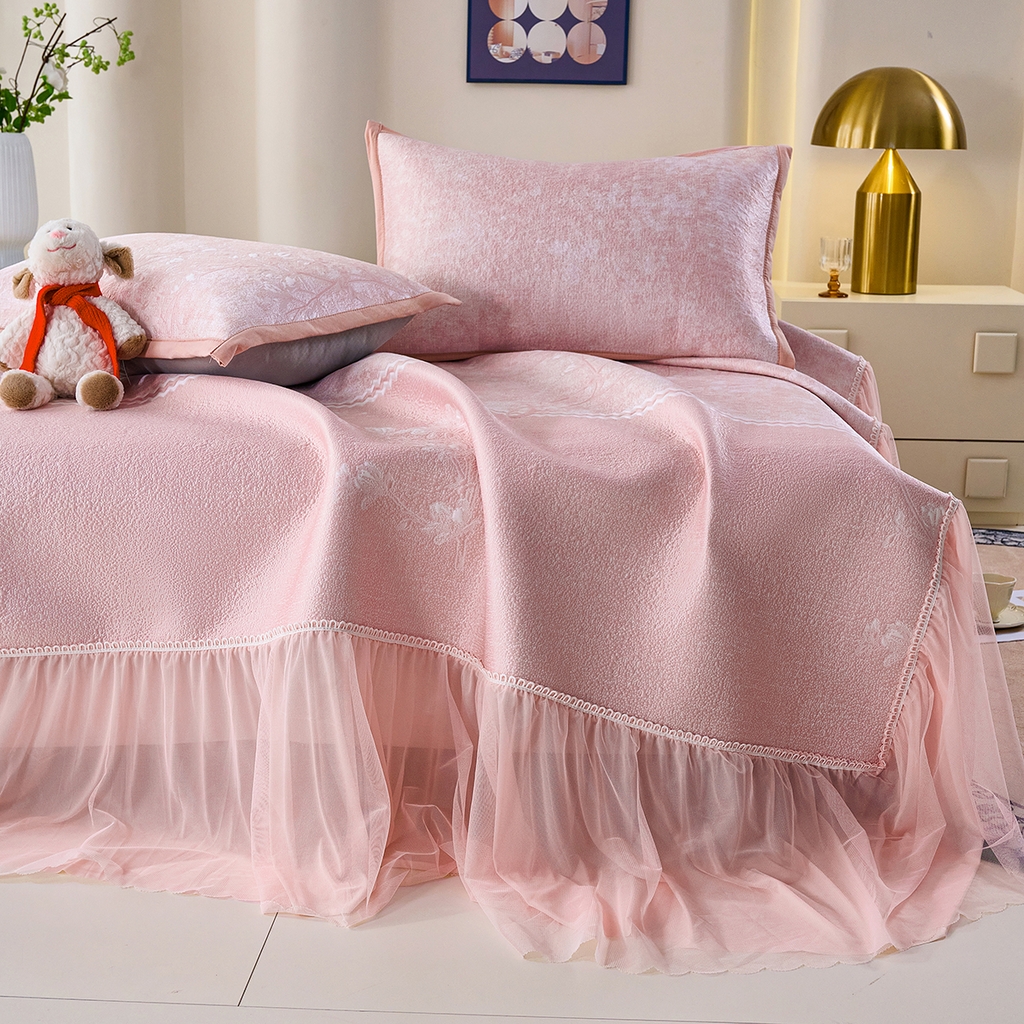 91家纺网 家纺一手货源 找家纺 青雅席业 2026新款A类凉感豆豆席凉席席子-床裙款 床裙款-花枝招展-粉