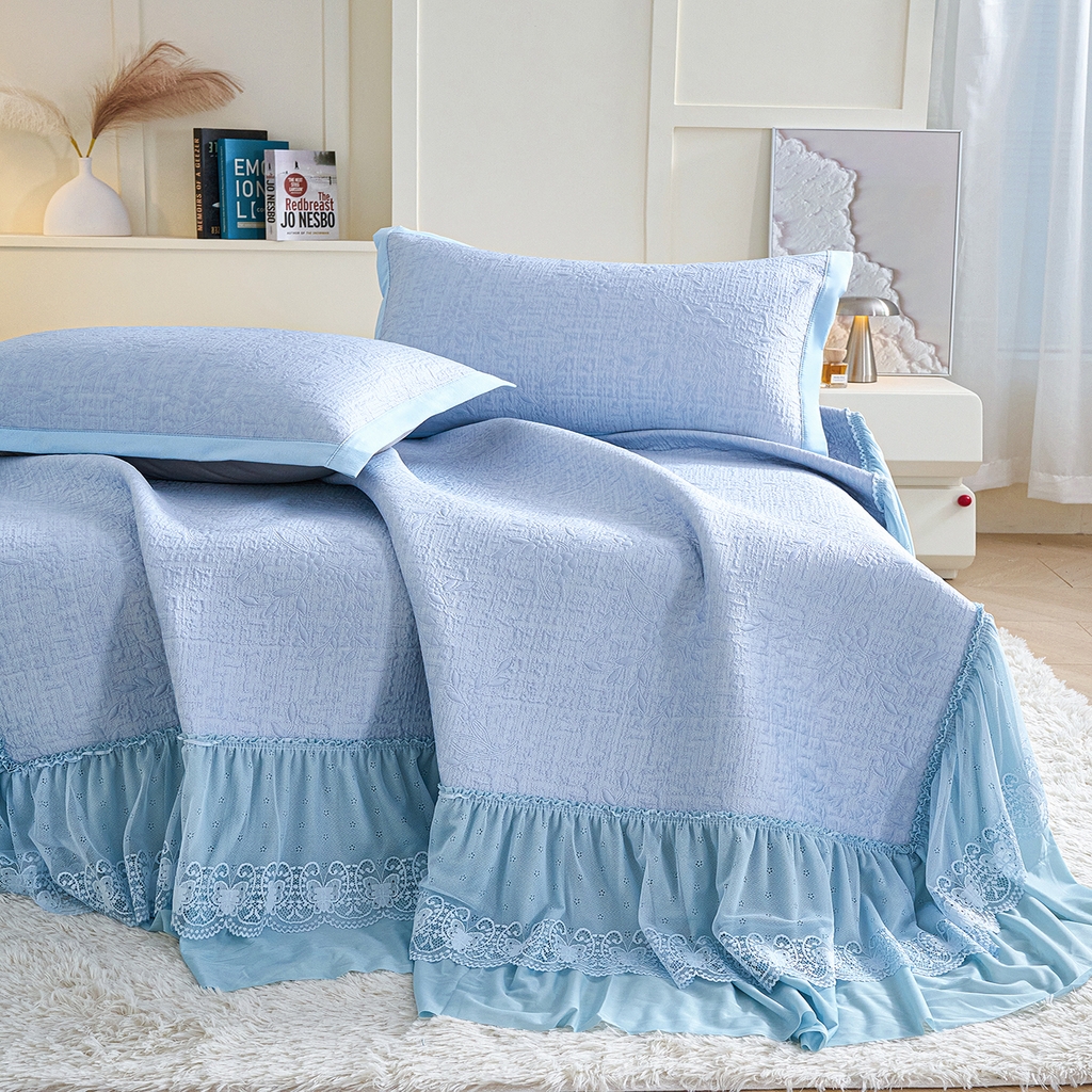 91家纺网 家纺一手货源 找家纺 青雅席业 2026新款A类凉感豆豆席凉席席子-床裙款 床裙款-唯美-蓝