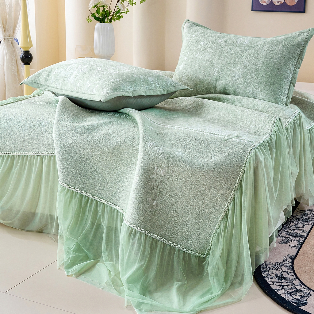 91家纺网 家纺一手货源 找家纺 青雅席业 2026新款A类凉感豆豆席凉席席子-床裙款 床裙款-花枝招展-绿