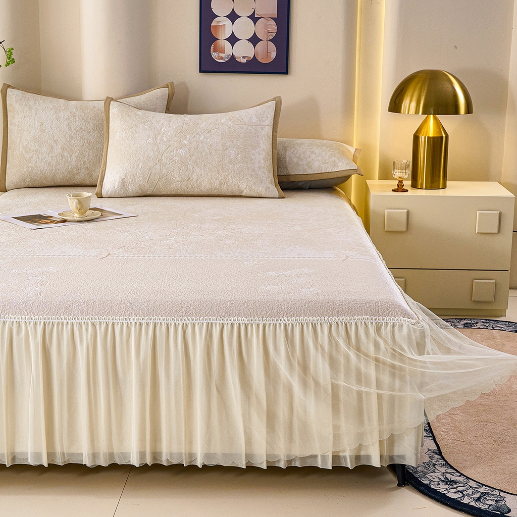 91家纺网 家纺一手货源 找家纺 青雅席业 2026新款A类凉感豆豆席凉席席子-床裙款 床裙款-花枝招展-米