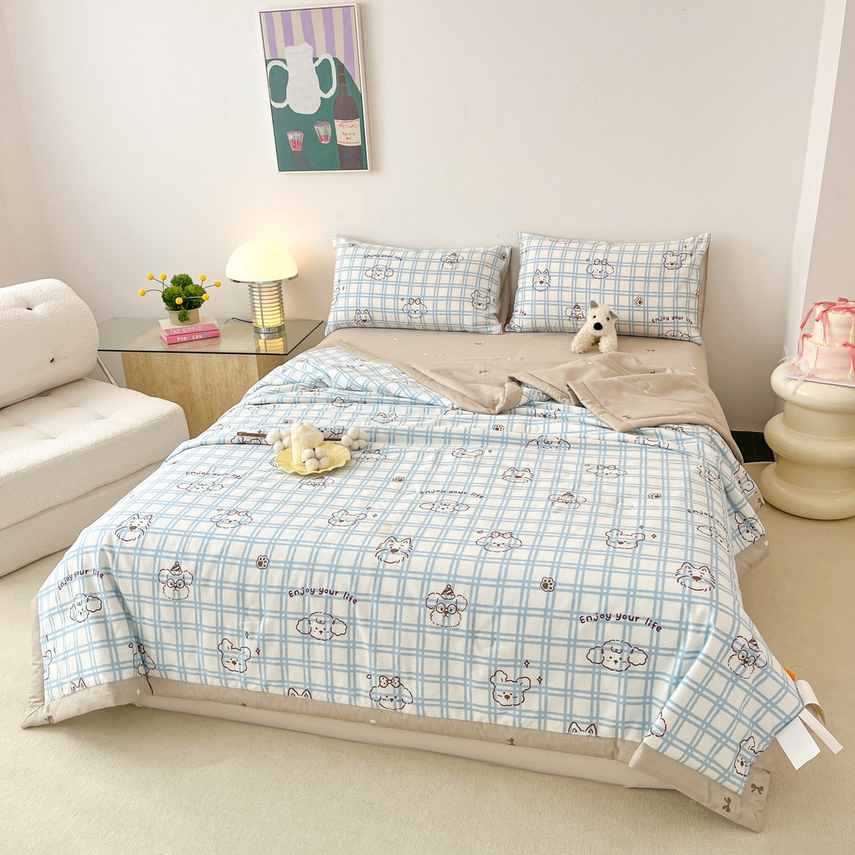 91家纺网 家纺一手货源 找家纺 一加一 2026新款全棉新疆棉花夏被夏凉被空调被四件套-棉语清夏 云朵狗