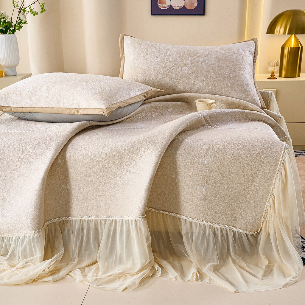 91家纺网 家纺一手货源 找家纺 青雅席业 2026新款A类凉感豆豆席凉席席子-床裙款 床裙款-花枝招展-米