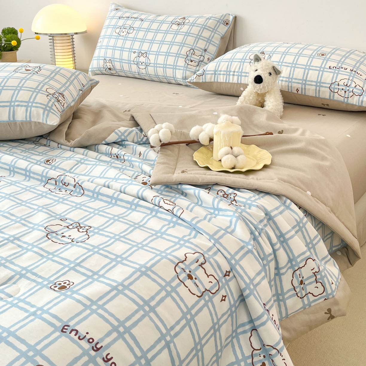 91家纺网 家纺一手货源 找家纺 一加一 2026新款全棉新疆棉花夏被夏凉被空调被四件套-棉语清夏 云朵狗