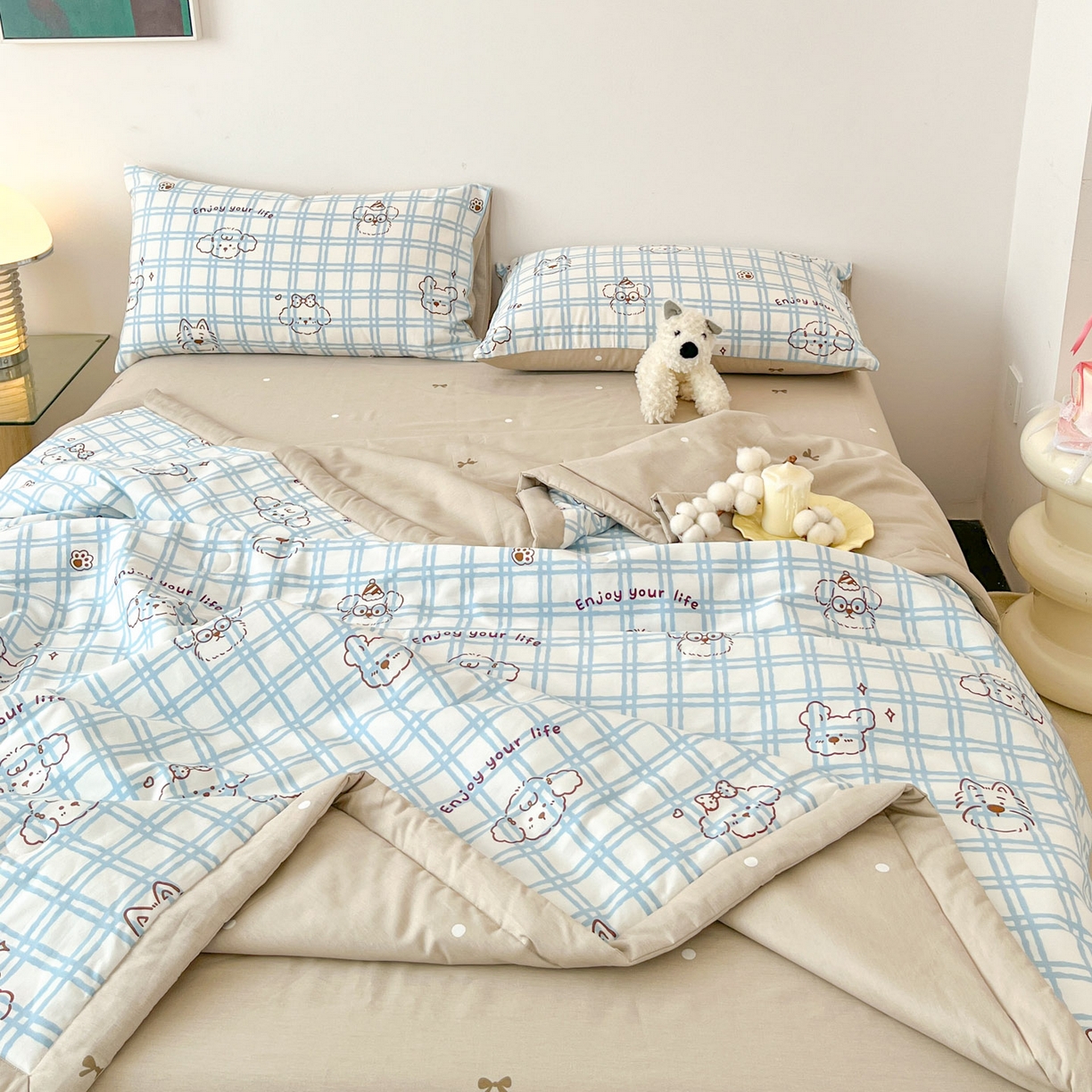 91家纺网 家纺一手货源 找家纺 一加一 2026新款全棉新疆棉花夏被夏凉被空调被四件套-棉语清夏 云朵狗