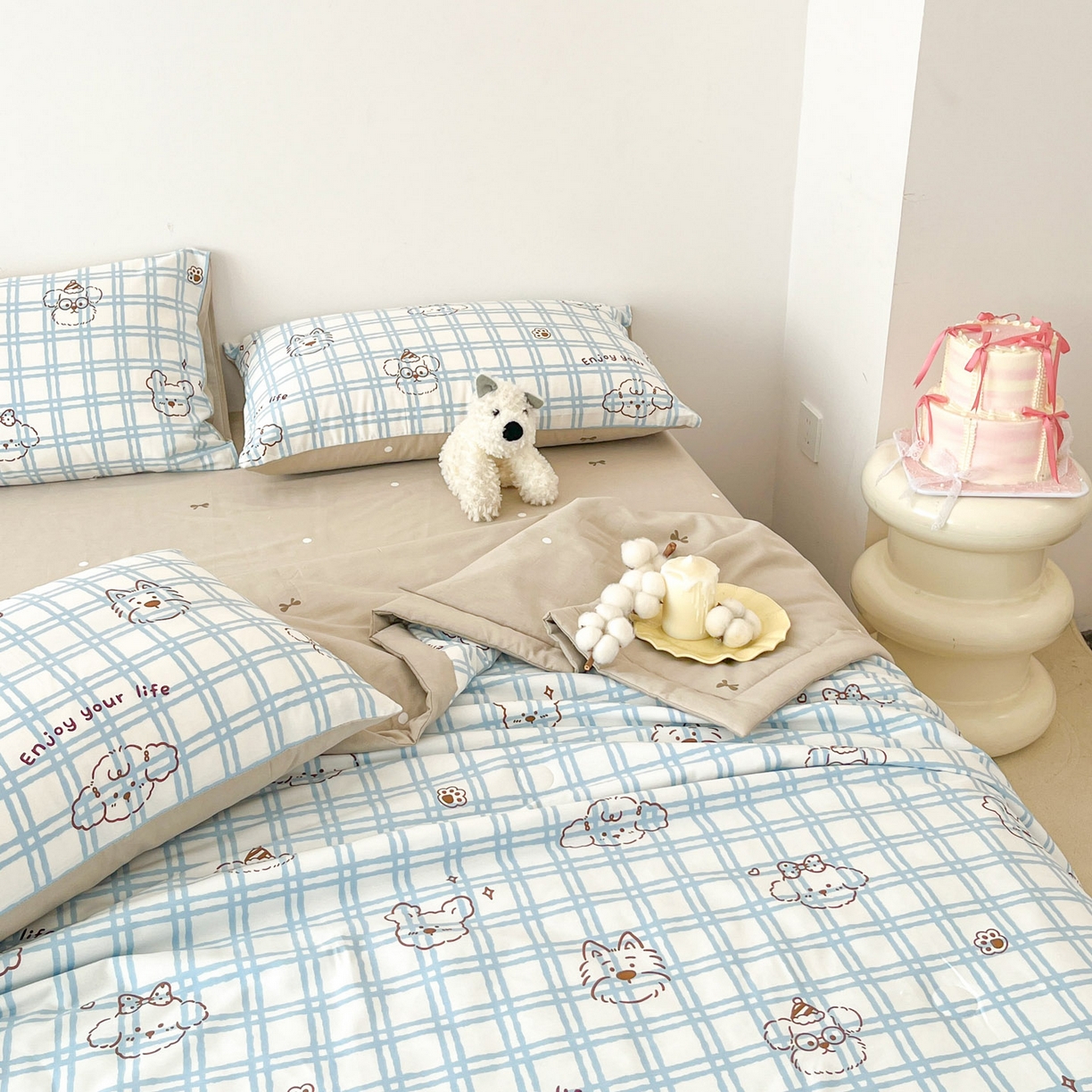 91家纺网 家纺一手货源 找家纺 一加一 2026新款全棉新疆棉花夏被夏凉被空调被四件套-棉语清夏 云朵狗