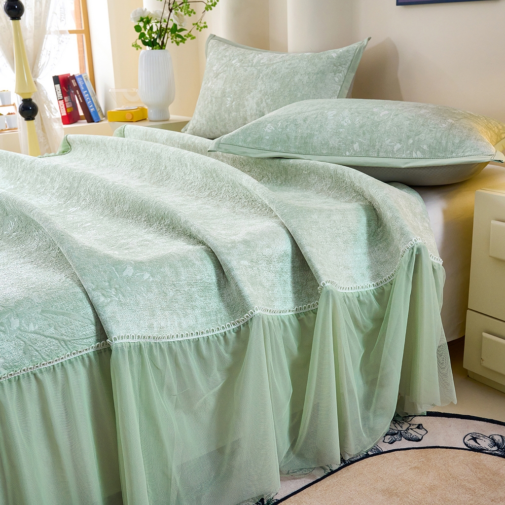 91家纺网 家纺一手货源 找家纺 青雅席业 2026新款A类凉感豆豆席凉席席子-床裙款 床裙款-花枝招展-绿