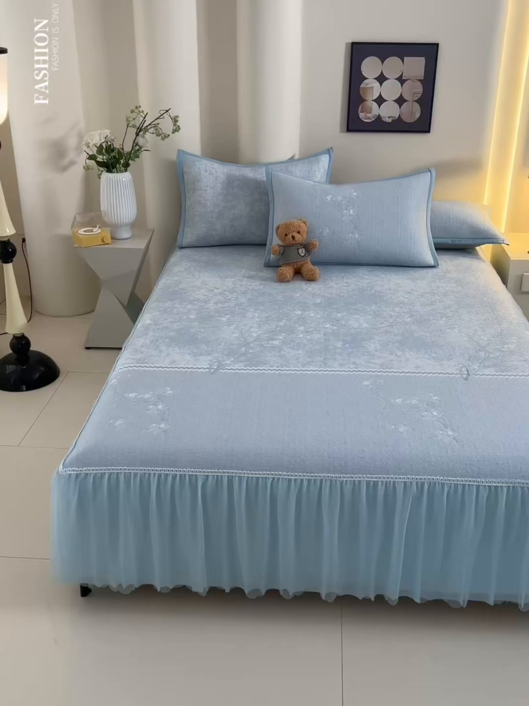 91家纺网 家纺一手货源 找家纺 青雅席业 2026新款A类凉感豆豆席凉席席子-床裙款 床裙款-花枝招展-蓝