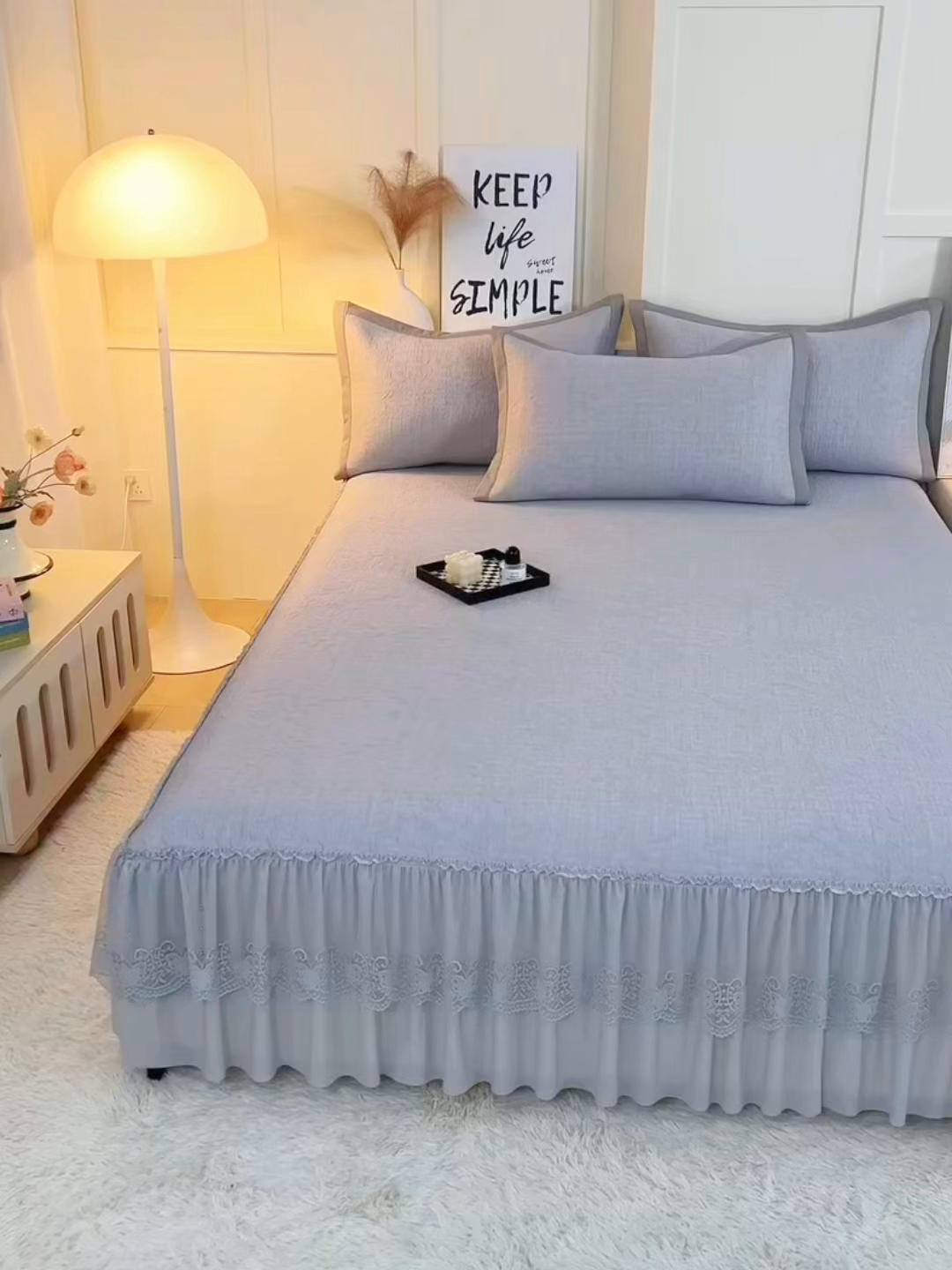 91家纺网 家纺一手货源 找家纺 青雅席业 2026新款A类凉感豆豆席凉席席子-床裙款 床裙款-唯美-灰