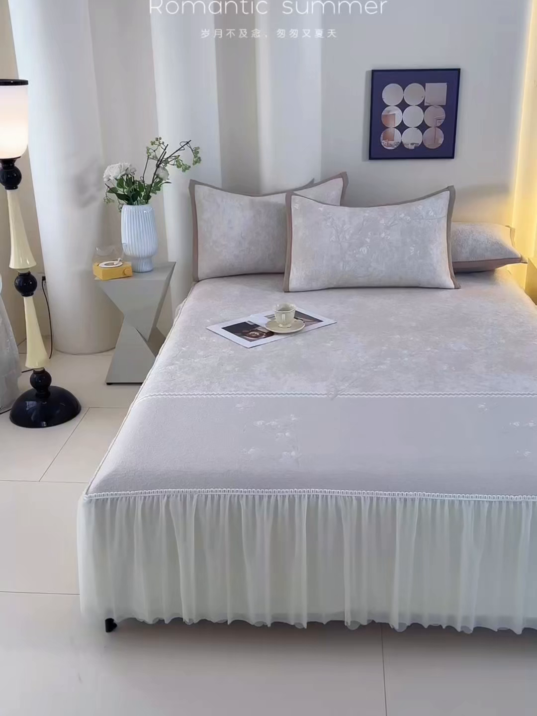 91家纺网 家纺一手货源 找家纺 青雅席业 2026新款A类凉感豆豆席凉席席子-床裙款 床裙款-花枝招展-米