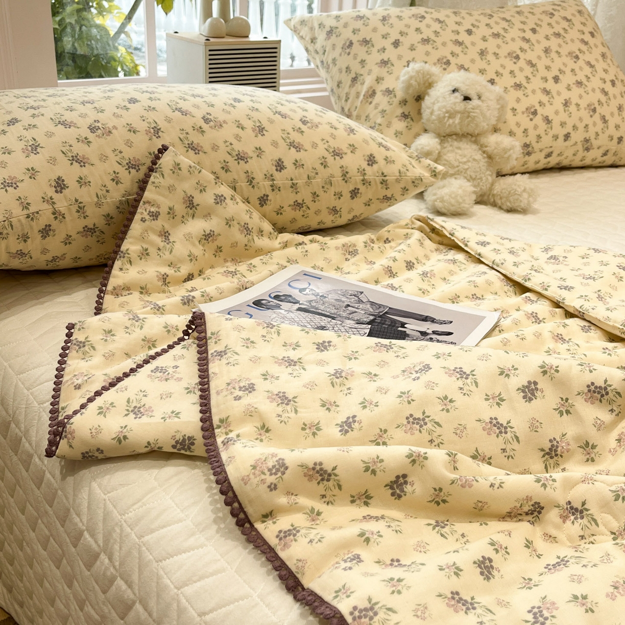 91家纺网 家纺一手货源 找家纺 一加一 2026新款全棉双层纱印花小花边大豆夏被夏凉被空调被-花纱眠夏 山花轻