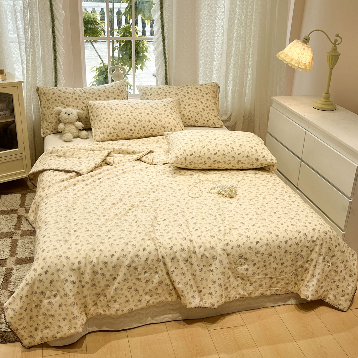 91家纺网 家纺一手货源 找家纺 一加一 2026新款全棉双层纱印花小花边大豆夏被夏凉被空调被-花纱眠夏 山花轻