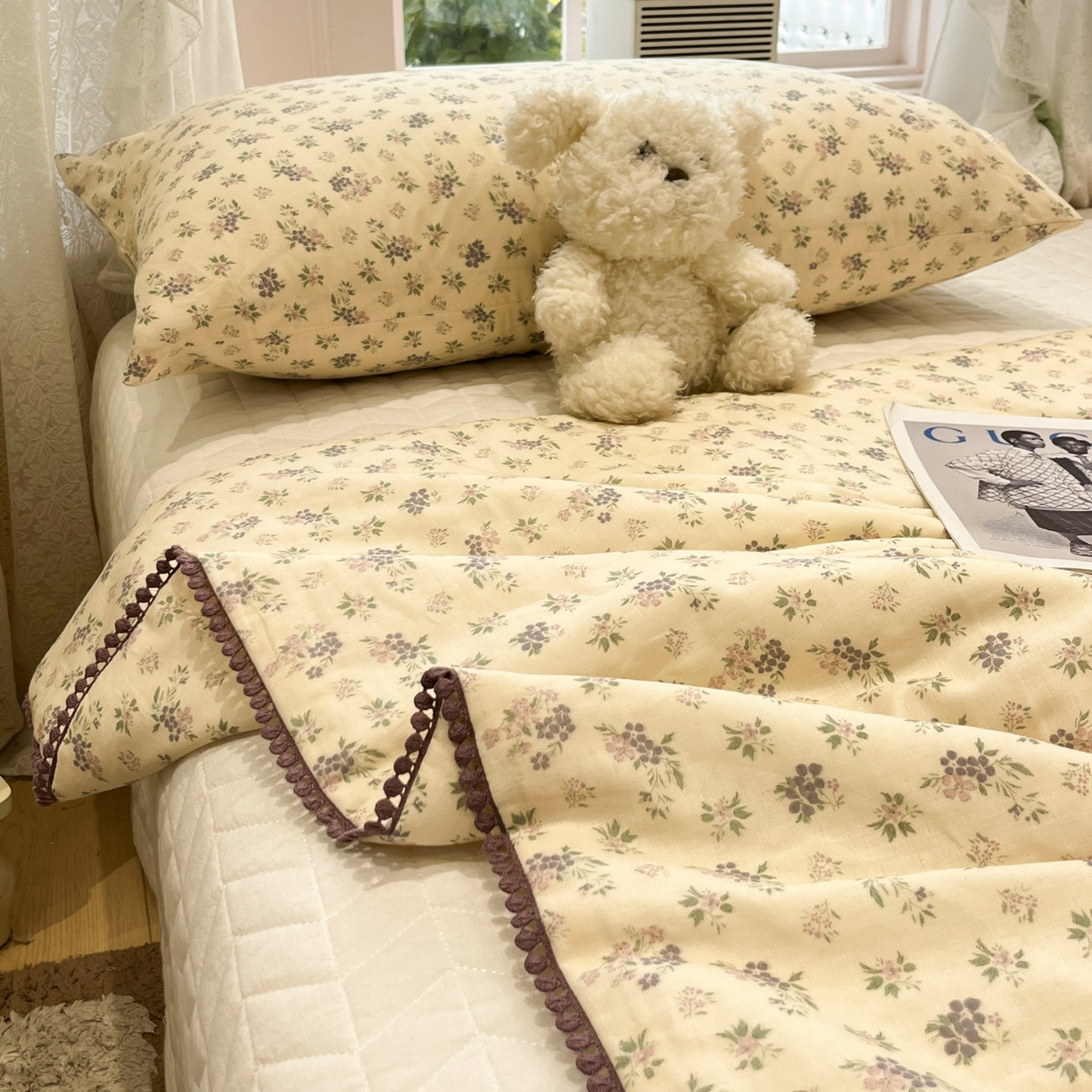 91家纺网 家纺一手货源 找家纺 一加一 2026新款全棉双层纱印花小花边大豆夏被夏凉被空调被-花纱眠夏 山花轻