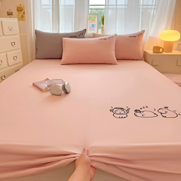 91家纺网 家纺一手货源 找家纺 布柔 2026新款床笠100%全棉纯棉13070绣花床笠(围高+30cm)-晚安 晚安床笠粉