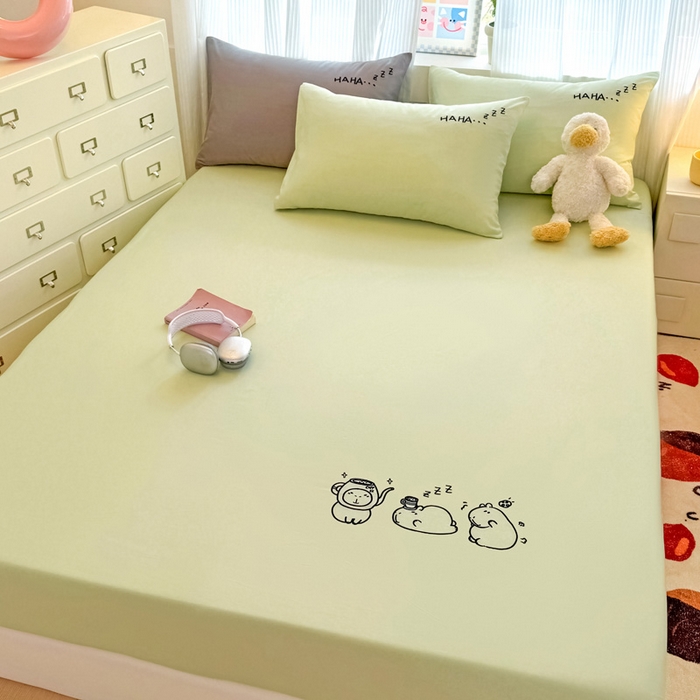 91家纺网 家纺一手货源 找家纺 布柔 2026新款床笠100%全棉纯棉13070绣花床笠(围高+30cm)-晚安 晚安床笠绿