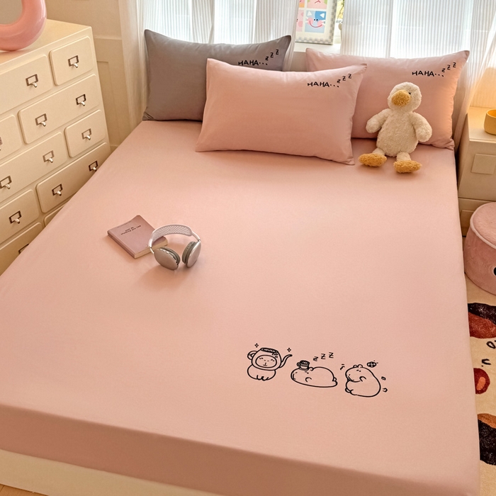 91家纺网 家纺一手货源 找家纺 布柔 2026新款床笠100%全棉纯棉13070绣花床笠(围高+30cm)-晚安 晚安床笠粉