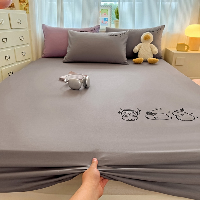 91家纺网 家纺一手货源 找家纺 布柔 2026新款床笠100%全棉纯棉13070绣花床笠(围高+30cm)-晚安 晚安床笠灰