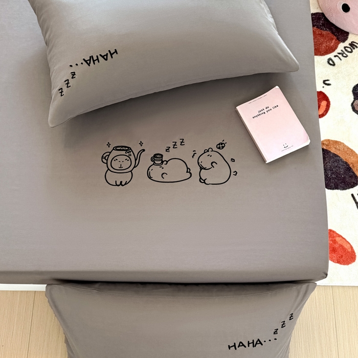 91家纺网 家纺一手货源 找家纺 布柔 2026新款床笠100%全棉纯棉13070绣花床笠(围高+30cm)-晚安 晚安床笠灰