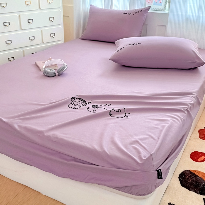 91家纺网 家纺一手货源 找家纺 布柔 2026新款床笠100%全棉纯棉13070绣花床笠(围高+30cm)-晚安 晚安床笠紫