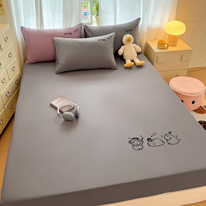 91家纺网 家纺一手货源 找家纺 布柔 2026新款床笠100%全棉纯棉13070绣花床笠(围高+30cm)-晚安 晚安床笠灰