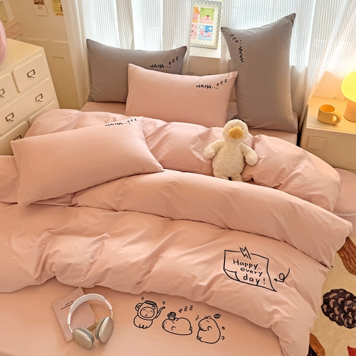 91家纺网 家纺一手货源 找家纺 布柔 2026新款床笠100%全棉纯棉13070绣花床笠(围高+30cm)-晚安 晚安床笠粉