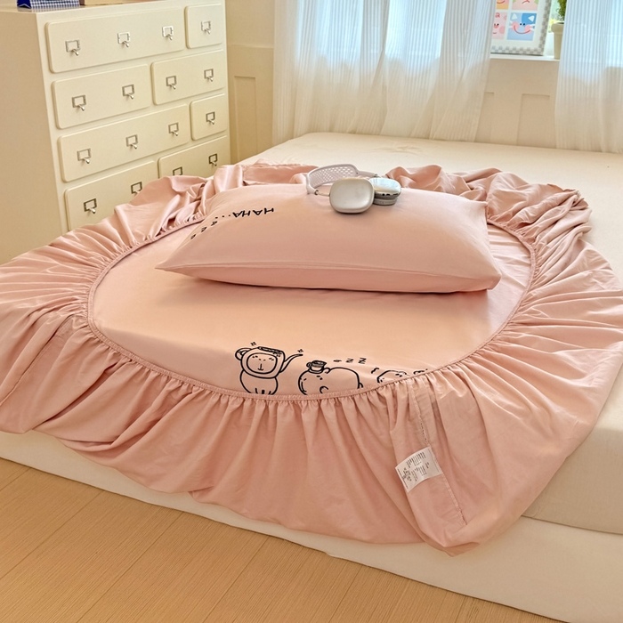 91家纺网 家纺一手货源 找家纺 布柔 2026新款床笠100%全棉纯棉13070绣花床笠(围高+30cm)-晚安 晚安床笠粉