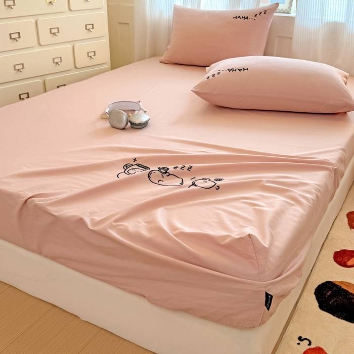 91家纺网 家纺一手货源 找家纺 布柔 2026新款床笠100%全棉纯棉13070绣花床笠(围高+30cm)-晚安 晚安床笠粉