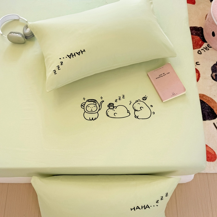 91家纺网 家纺一手货源 找家纺 布柔 2026新款床笠100%全棉纯棉13070绣花床笠(围高+30cm)-晚安 晚安床笠绿