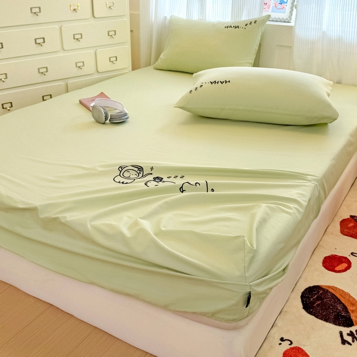 91家纺网 家纺一手货源 找家纺 布柔 2026新款床笠100%全棉纯棉13070绣花床笠(围高+30cm)-晚安 晚安床笠绿