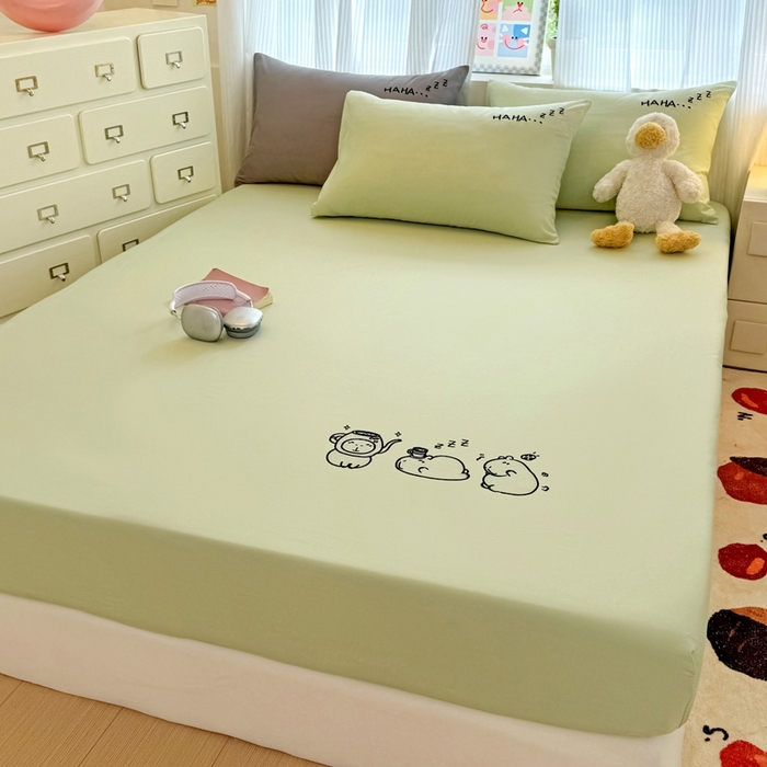 布柔 2026新款床笠100%全棉纯棉13070绣花床笠(围高+30cm)-晚安 晚安床笠绿