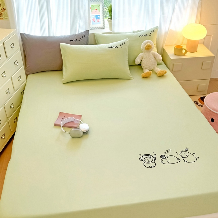 91家纺网 家纺一手货源 找家纺 布柔 2026新款床笠100%全棉纯棉13070绣花床笠(围高+30cm)-晚安 晚安床笠绿