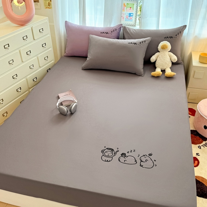 91家纺网 家纺一手货源 找家纺 布柔 2026新款床笠100%全棉纯棉13070绣花床笠(围高+30cm)-晚安 晚安床笠灰