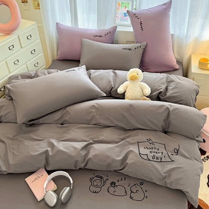 91家纺网 家纺一手货源 找家纺 布柔 2026新款床笠100%全棉纯棉13070绣花床笠(围高+30cm)-晚安 晚安床笠灰