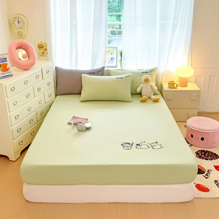 91家纺网 家纺一手货源 找家纺 布柔 2026新款床笠100%全棉纯棉13070绣花床笠(围高+30cm)-晚安 晚安床笠绿