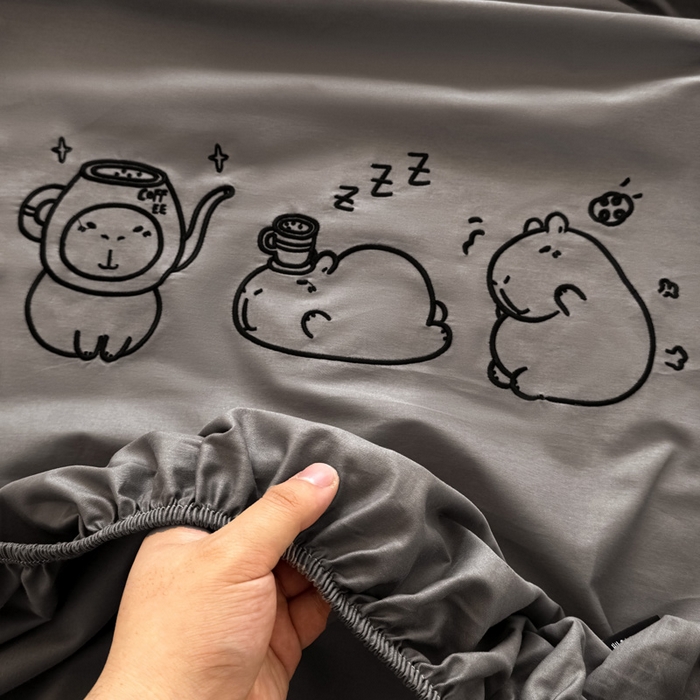 91家纺网 家纺一手货源 找家纺 布柔 2026新款床笠100%全棉纯棉13070绣花床笠(围高+30cm)-晚安 晚安床笠灰