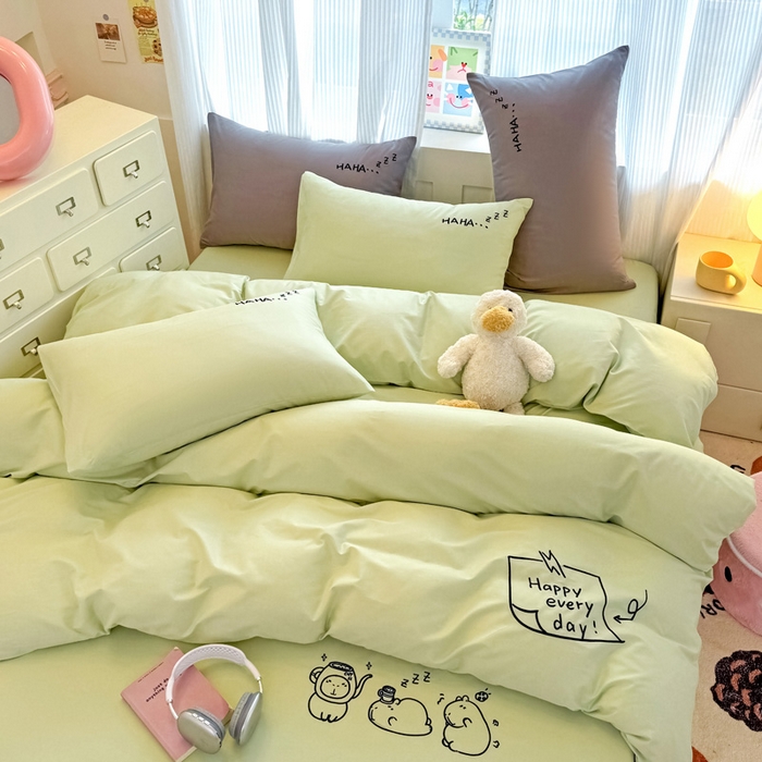 91家纺网 家纺一手货源 找家纺 布柔 2026新款床笠100%全棉纯棉13070绣花床笠(围高+30cm)-晚安 晚安床笠绿