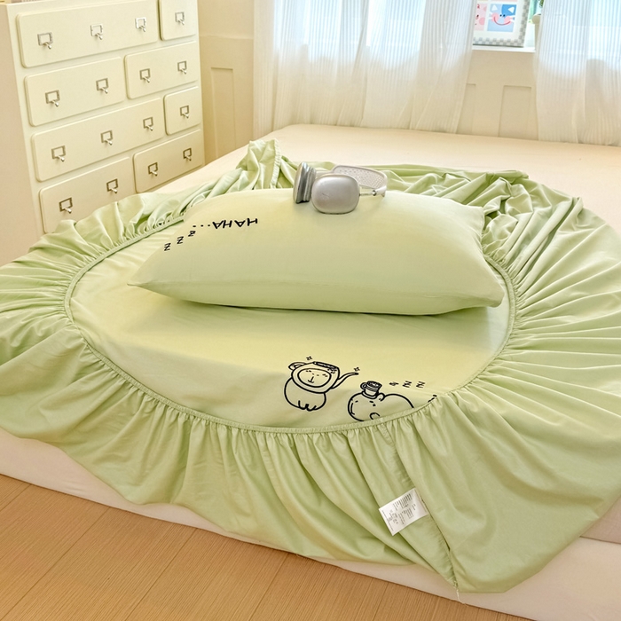 91家纺网 家纺一手货源 找家纺 布柔 2026新款床笠100%全棉纯棉13070绣花床笠(围高+30cm)-晚安 晚安床笠绿