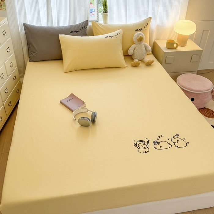 91家纺网 家纺一手货源 找家纺 布柔 2026新款床笠100%全棉纯棉13070绣花床笠(围高+30cm)-晚安 晚安床笠黄