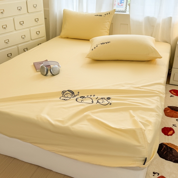 91家纺网 家纺一手货源 找家纺 布柔 2026新款床笠100%全棉纯棉13070绣花床笠(围高+30cm)-晚安 晚安床笠黄