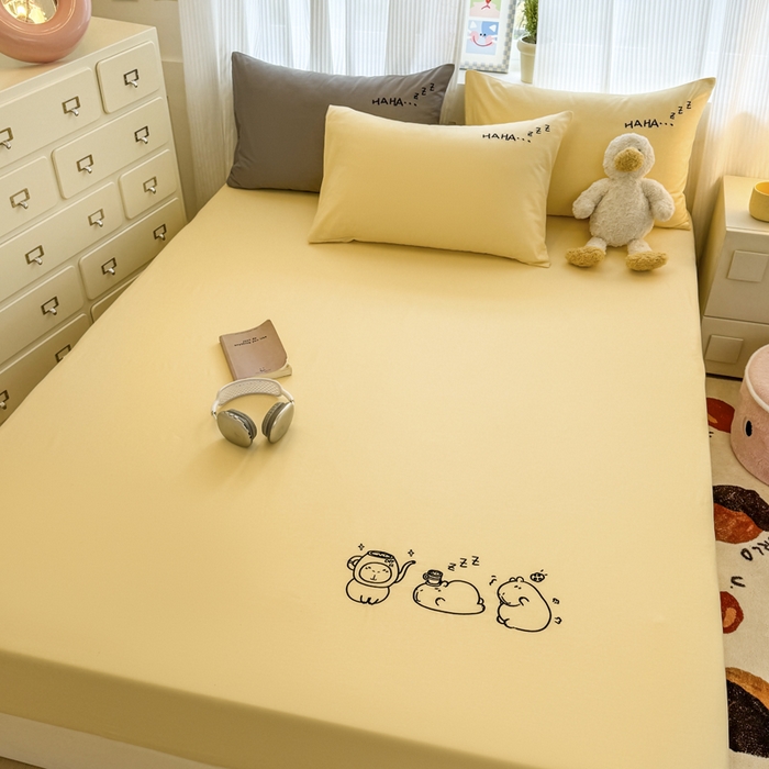 91家纺网 家纺一手货源 找家纺 布柔 2026新款床笠100%全棉纯棉13070绣花床笠(围高+30cm)-晚安 晚安床笠黄