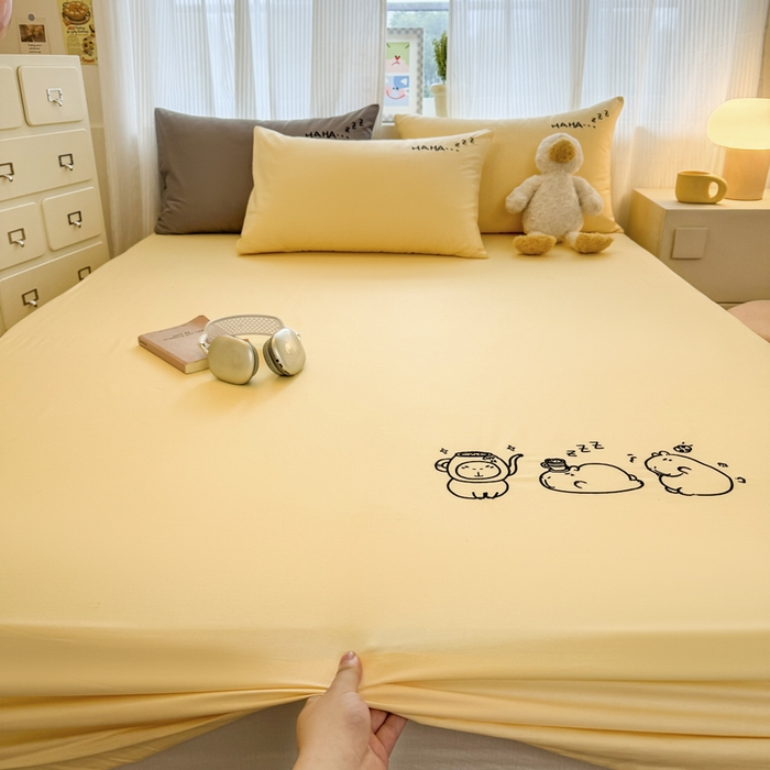 91家纺网 家纺一手货源 找家纺 布柔 2026新款床笠100%全棉纯棉13070绣花床笠(围高+30cm)-晚安 晚安床笠黄