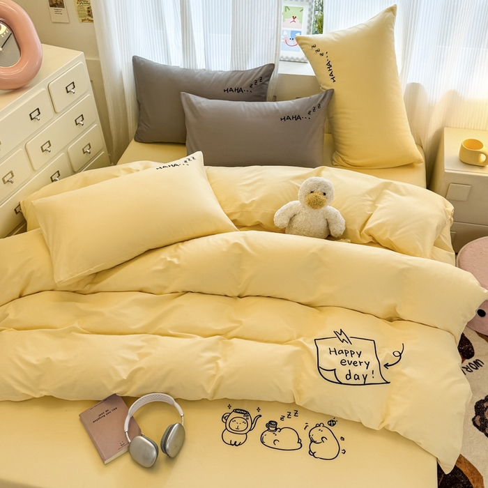 91家纺网 家纺一手货源 找家纺 布柔 2026新款床笠100%全棉纯棉13070绣花床笠(围高+30cm)-晚安 晚安床笠黄