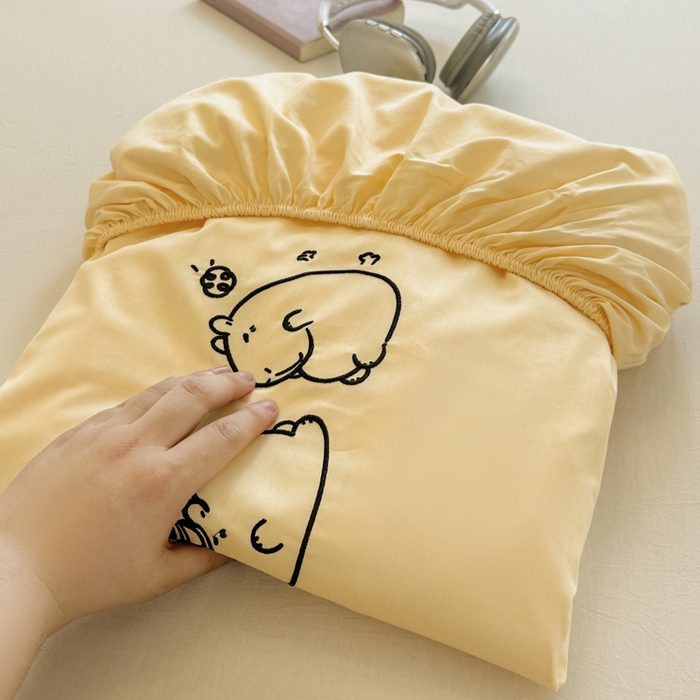 91家纺网 家纺一手货源 找家纺 布柔 2026新款床笠100%全棉纯棉13070绣花床笠(围高+30cm)-晚安 晚安床笠黄