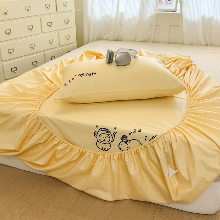 91家纺网 家纺一手货源 找家纺 布柔 2026新款床笠100%全棉纯棉13070绣花床笠(围高+30cm)-晚安 晚安床笠黄