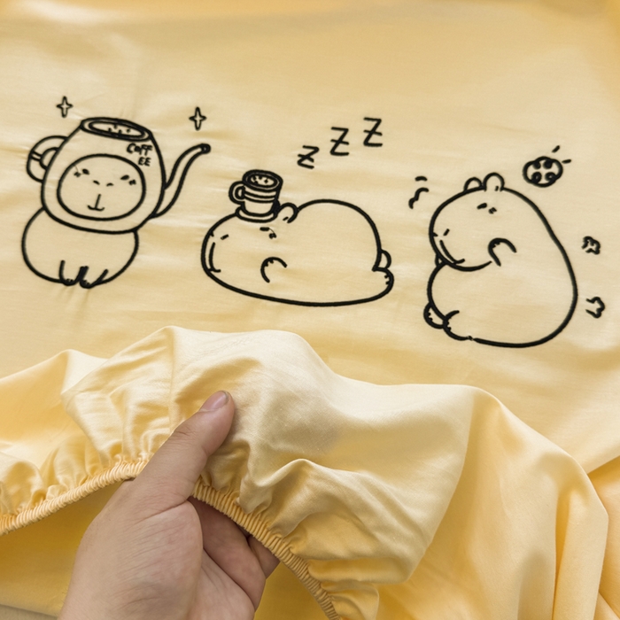 91家纺网 家纺一手货源 找家纺 布柔 2026新款床笠100%全棉纯棉13070绣花床笠(围高+30cm)-晚安 晚安床笠黄