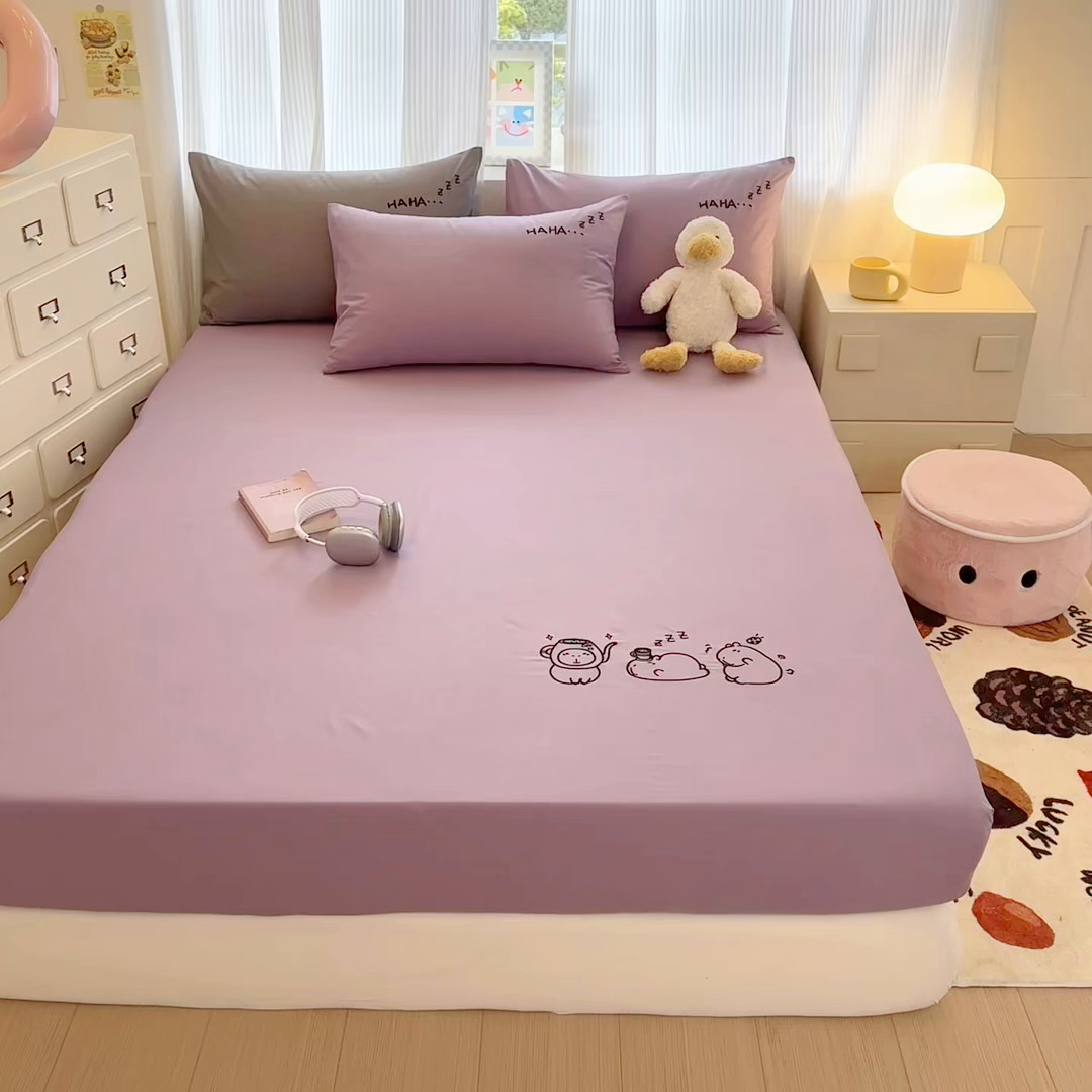 91家纺网 家纺一手货源 找家纺 布柔 2026新款床笠100%全棉纯棉13070绣花床笠(围高+30cm)-晚安 晚安床笠紫