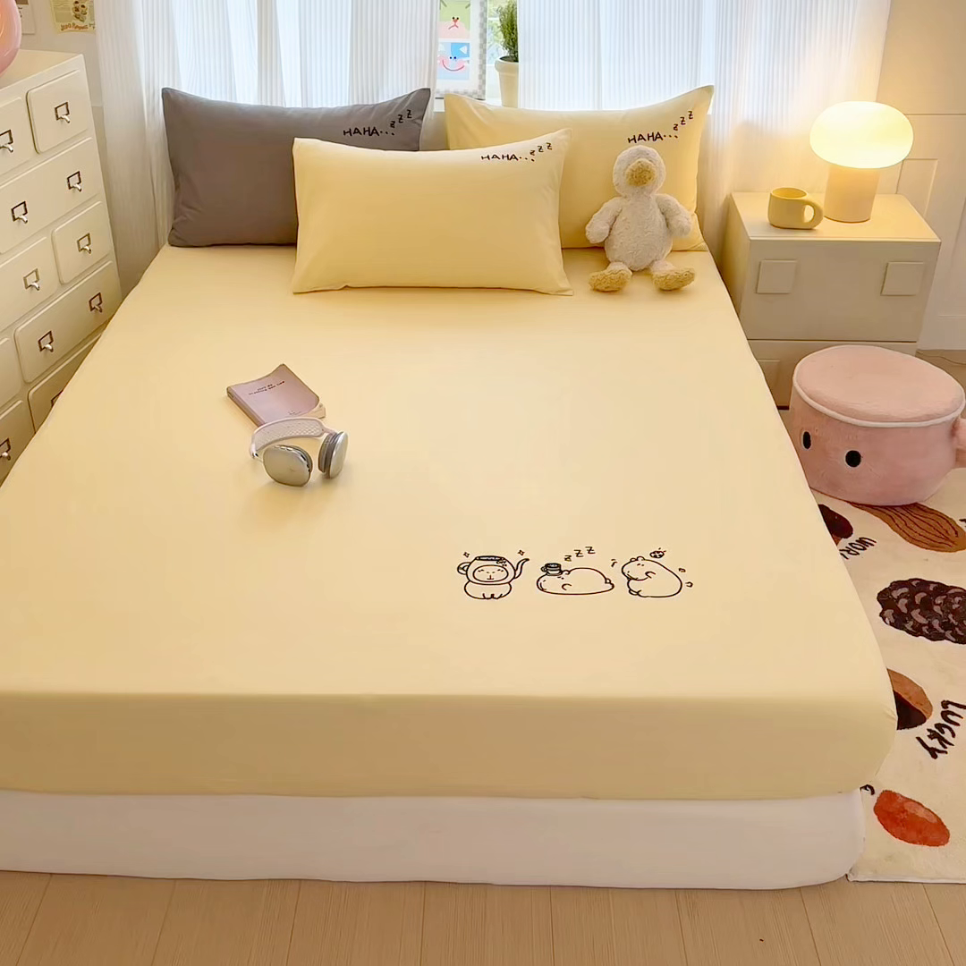 91家纺网 家纺一手货源 找家纺 布柔 2026新款床笠100%全棉纯棉13070绣花床笠(围高+30cm)-晚安 晚安床笠黄