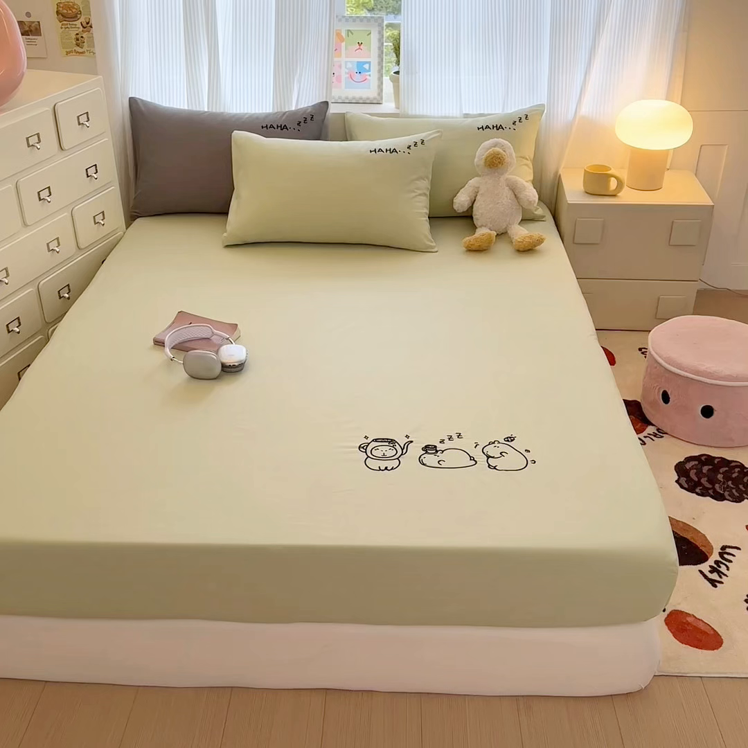 91家纺网 家纺一手货源 找家纺 布柔 2026新款床笠100%全棉纯棉13070绣花床笠(围高+30cm)-晚安 晚安床笠绿